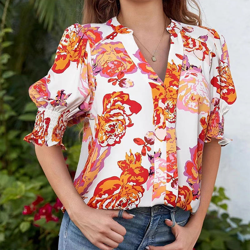 🌸 FLASH-SALE: 50% AUF BLUSEN! 🌸 Blumenprint Damenbluse ✨ V-Ausschnitt Puffärmel Sommer Tunika | Luftige Kurzarm Bluse für Alltag & Urlaub