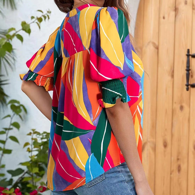 🌸 FLASH-SALE: 50% AUF BLUSEN! 🌸 Blumenprint Damenbluse ✨ V-Ausschnitt Puffärmel Sommer Tunika | Luftige Kurzarm Bluse für Alltag & Urlaub