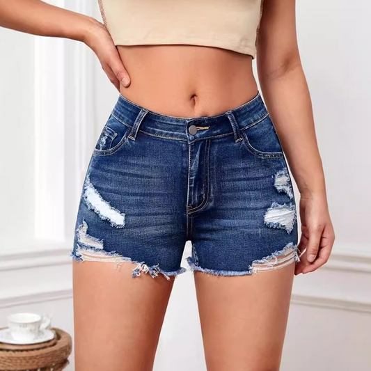 🌞 FRÜHLINGSERWACHEN – 50% RABATT! 🏖️ High-Waist Ripped Jeans-Shorts Curve-Chic – Super-Stretch Denim, Vintage Destroyed Look mit ausgefransten Säumen