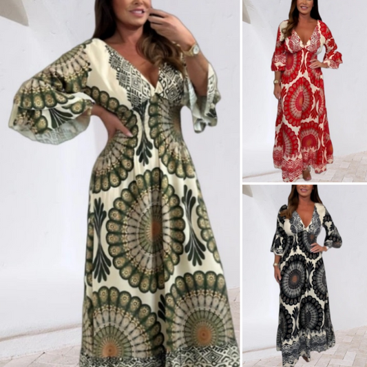 🔥Retro boho maxikjole for damer med dyp V-utringning🔥