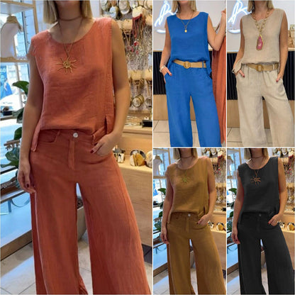2-teiliges Set aus ärmellosem Oberteil in Unifarbe und Hose mit weitem Bein