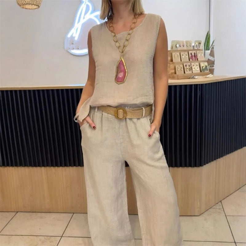 2-teiliges Set aus ärmellosem Oberteil in Unifarbe und Hose mit weitem Bein