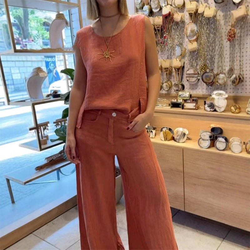 2-teiliges Set aus ärmellosem Oberteil in Unifarbe und Hose mit weitem Bein