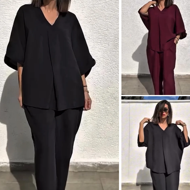 Lässiges, locker sitzendes Zweiteiler-Set aus Oberteil und Hose mit V-Ausschnitt für Damen