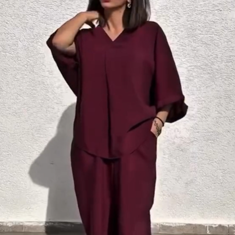 Lässiges, locker sitzendes Zweiteiler-Set aus Oberteil und Hose mit V-Ausschnitt für Damen