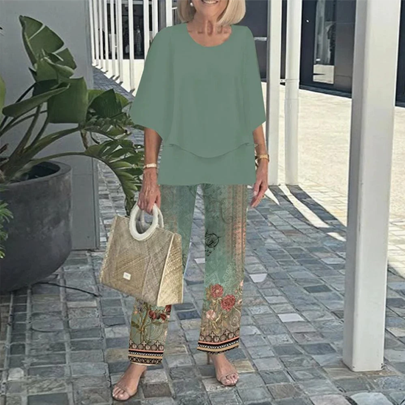 💃✨Damen-Zweiteiler: Bedruckte Hose & Oberteil mit Rundhalsausschnitt