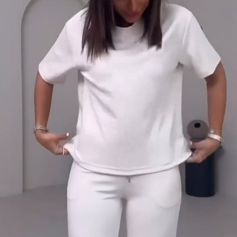 🔥👚Schlichtes zweiteiliges Damen-Set mit kurzärmligem Oberteil und Hose