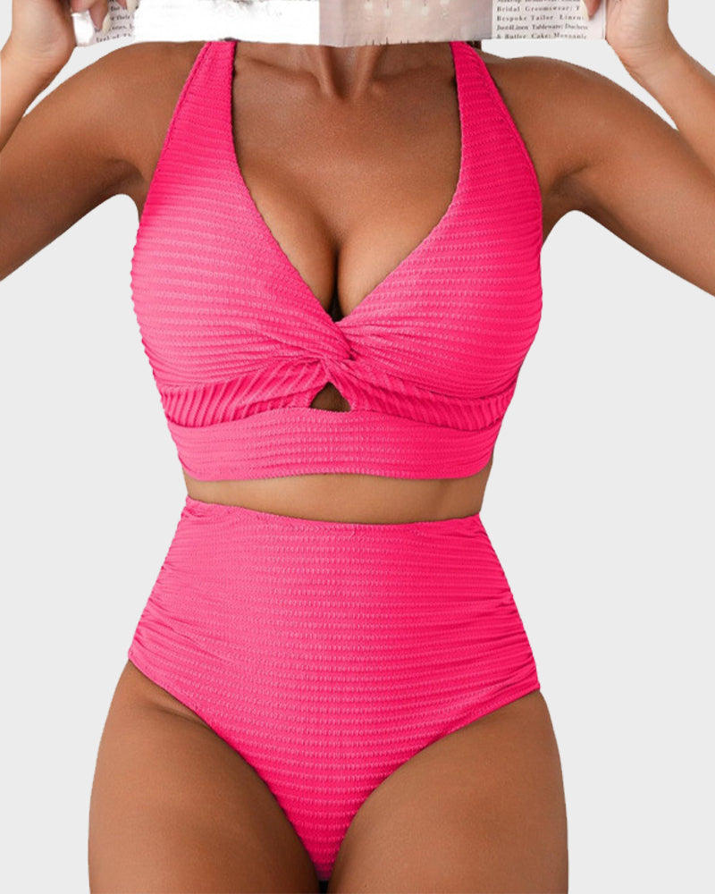 Texturiertes Bikini-Set mit Knotendetail und High-Waist-Schnitt