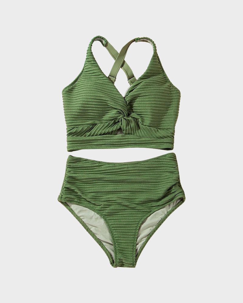 Texturiertes Bikini-Set mit Knotendetail und High-Waist-Schnitt