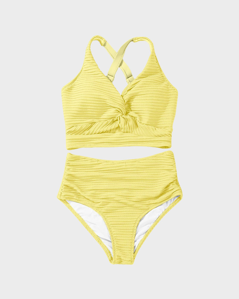 Texturiertes Bikini-Set mit Knotendetail und High-Waist-Schnitt