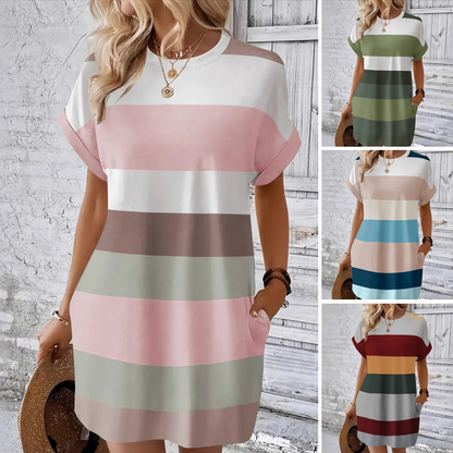 👗 Lässiges Streifen-Kleid mit Rundhals & Taschen – Bequem & atmungsaktiv!