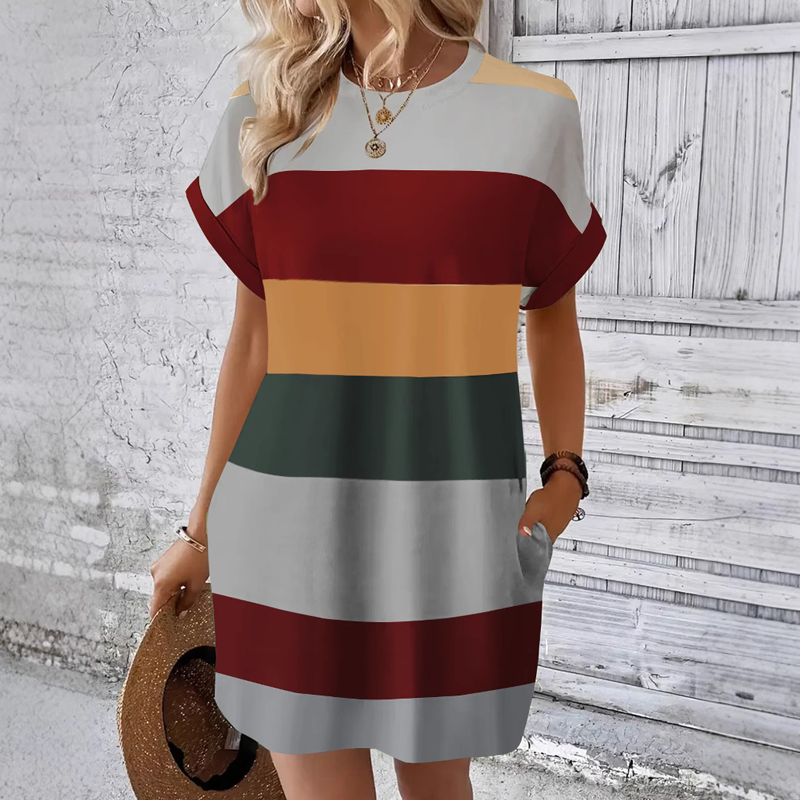 👗 Lässiges Streifen-Kleid mit Rundhals & Taschen – Bequem & atmungsaktiv!