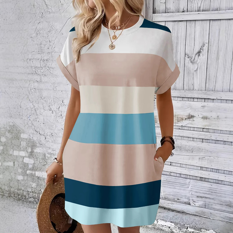 👗 Lässiges Streifen-Kleid mit Rundhals & Taschen – Bequem & atmungsaktiv!