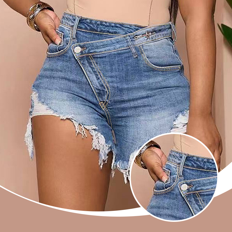High-Waist Jeansshorts mit diagonaler Knopfleiste, rohen Kanten und Rissen