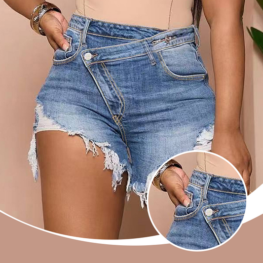 High-Waist Jeansshorts mit diagonaler Knopfleiste, rohen Kanten und Rissen