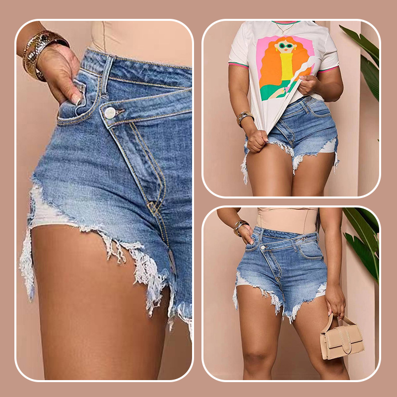 High-Waist Jeansshorts mit diagonaler Knopfleiste, rohen Kanten und Rissen