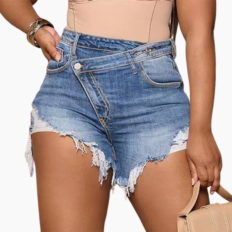 High-Waist Jeansshorts mit diagonaler Knopfleiste, rohen Kanten und Rissen