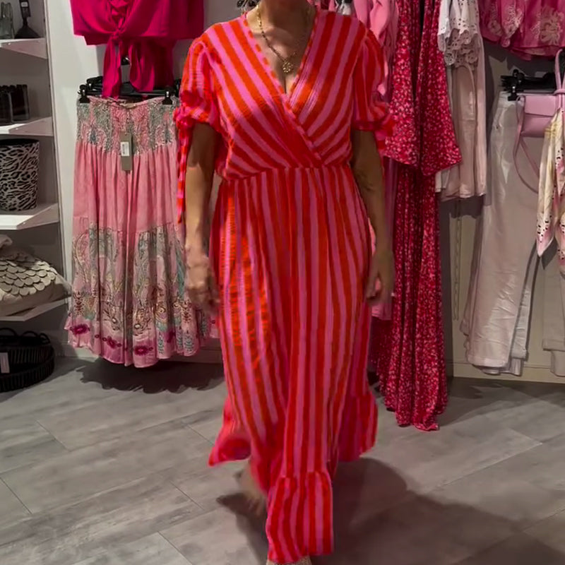 ⏳Begrenzte Zeit 50% Rabatt💥💞Lässiges gestreiftes Kleid für Damen mit V-Ausschnitt