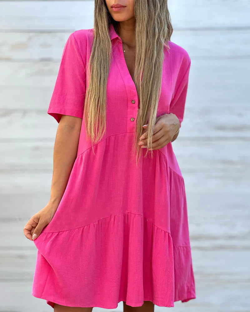 ☀️ 50 % RABATT JETZT! 👗 Damen Baumwoll-Leinen Kleid – Kragen mit Knopfleiste, Stufenrock, locker & atmungsaktiv für den Sommer 💛