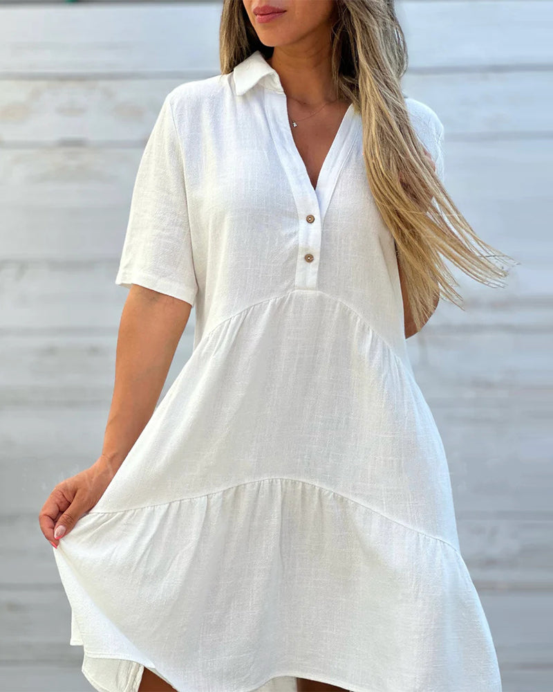 ☀️ 50 % RABATT JETZT! 👗 Damen Baumwoll-Leinen Kleid – Kragen mit Knopfleiste, Stufenrock, locker & atmungsaktiv für den Sommer 💛
