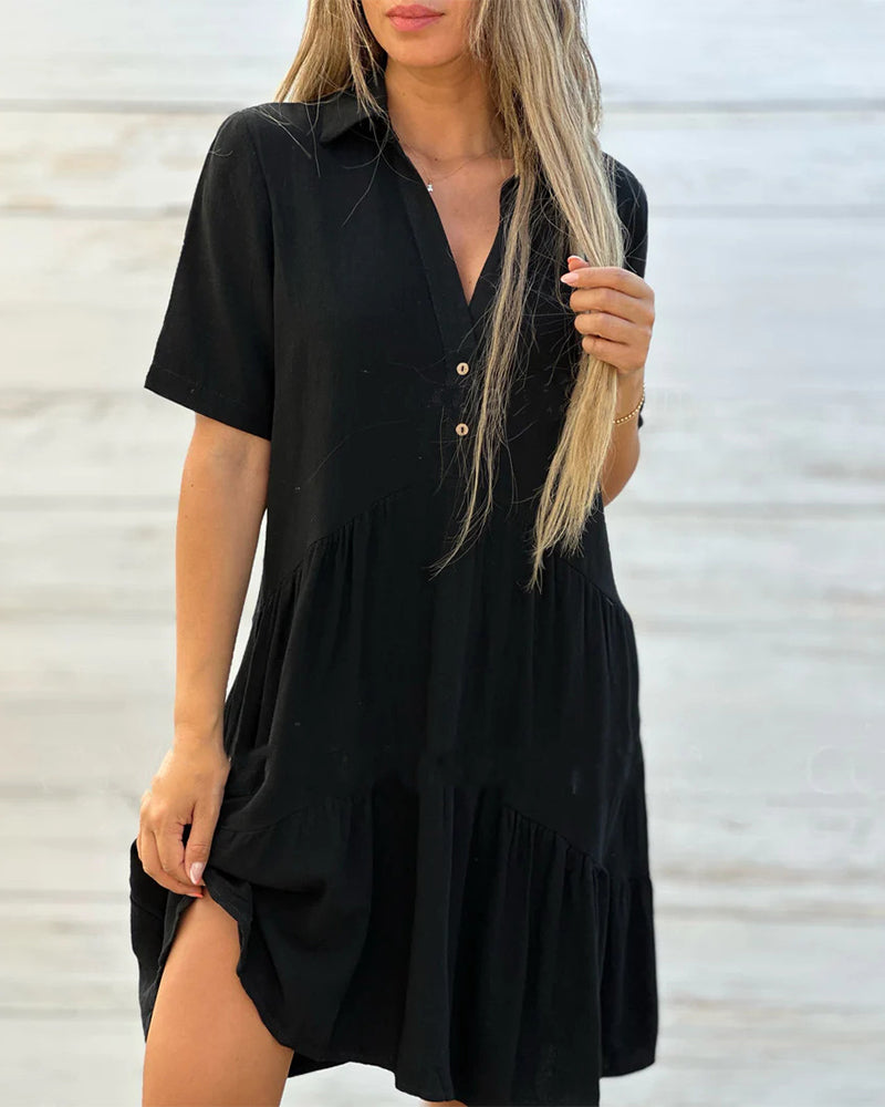☀️ 50 % RABATT JETZT! 👗 Damen Baumwoll-Leinen Kleid – Kragen mit Knopfleiste, Stufenrock, locker & atmungsaktiv für den Sommer 💛