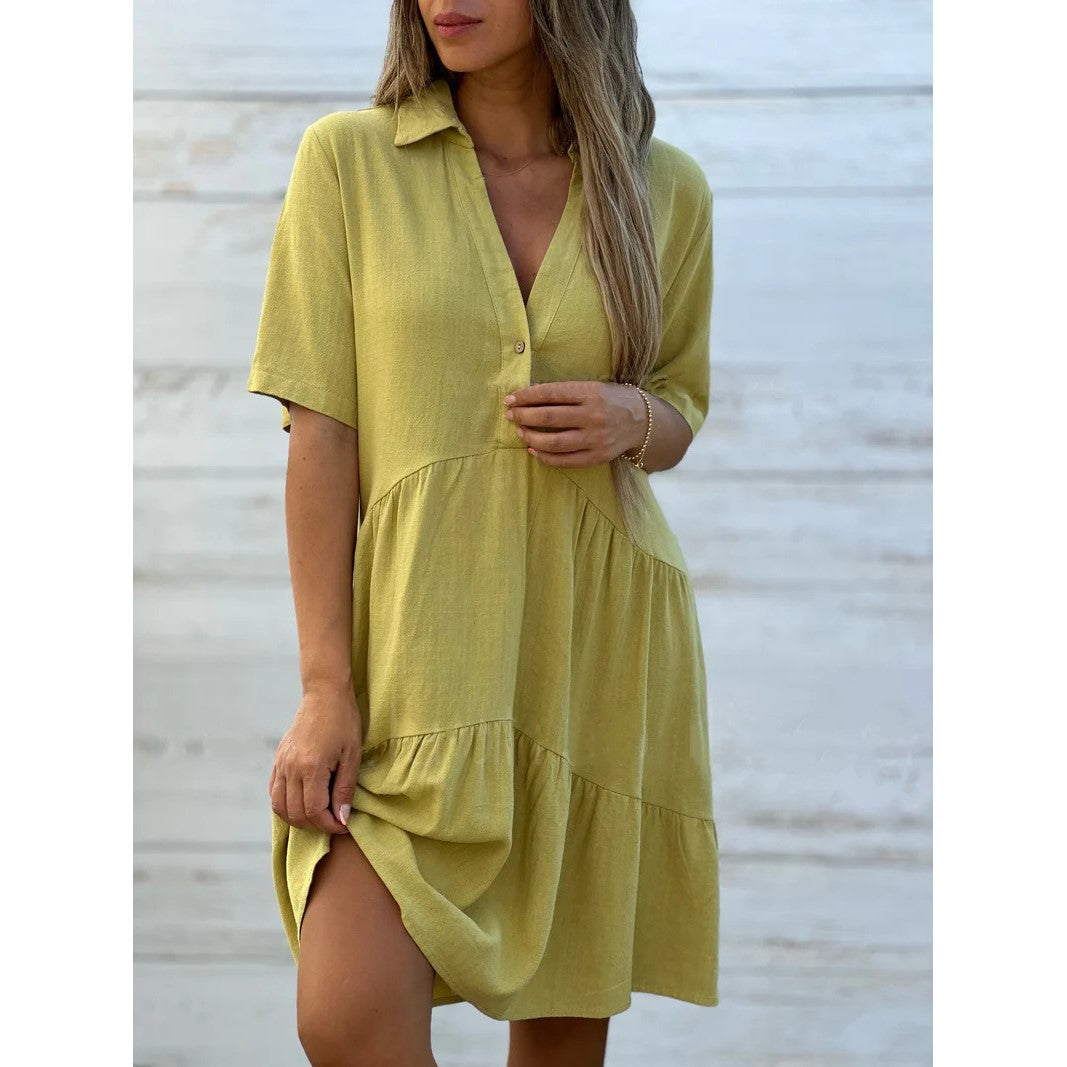 ☀️ 50 % RABATT JETZT! 👗 Damen Baumwoll-Leinen Kleid – Kragen mit Knopfleiste, Stufenrock, locker & atmungsaktiv für den Sommer 💛