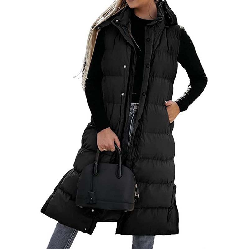Lange Steppweste für Damen mit Kapuze und Knopfverschluss