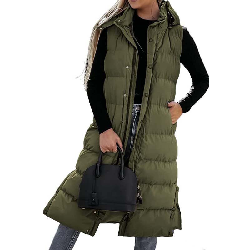 Lange Steppweste für Damen mit Kapuze und Knopfverschluss
