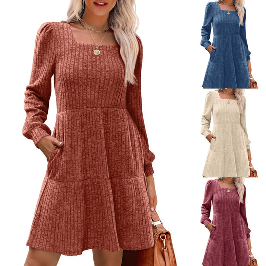 🍂Was soll ich morgen anziehen?⏰Women's Square Neck Lantern Sleeve Ribbed Dress|Glow in Autumnal Elegance!🍁