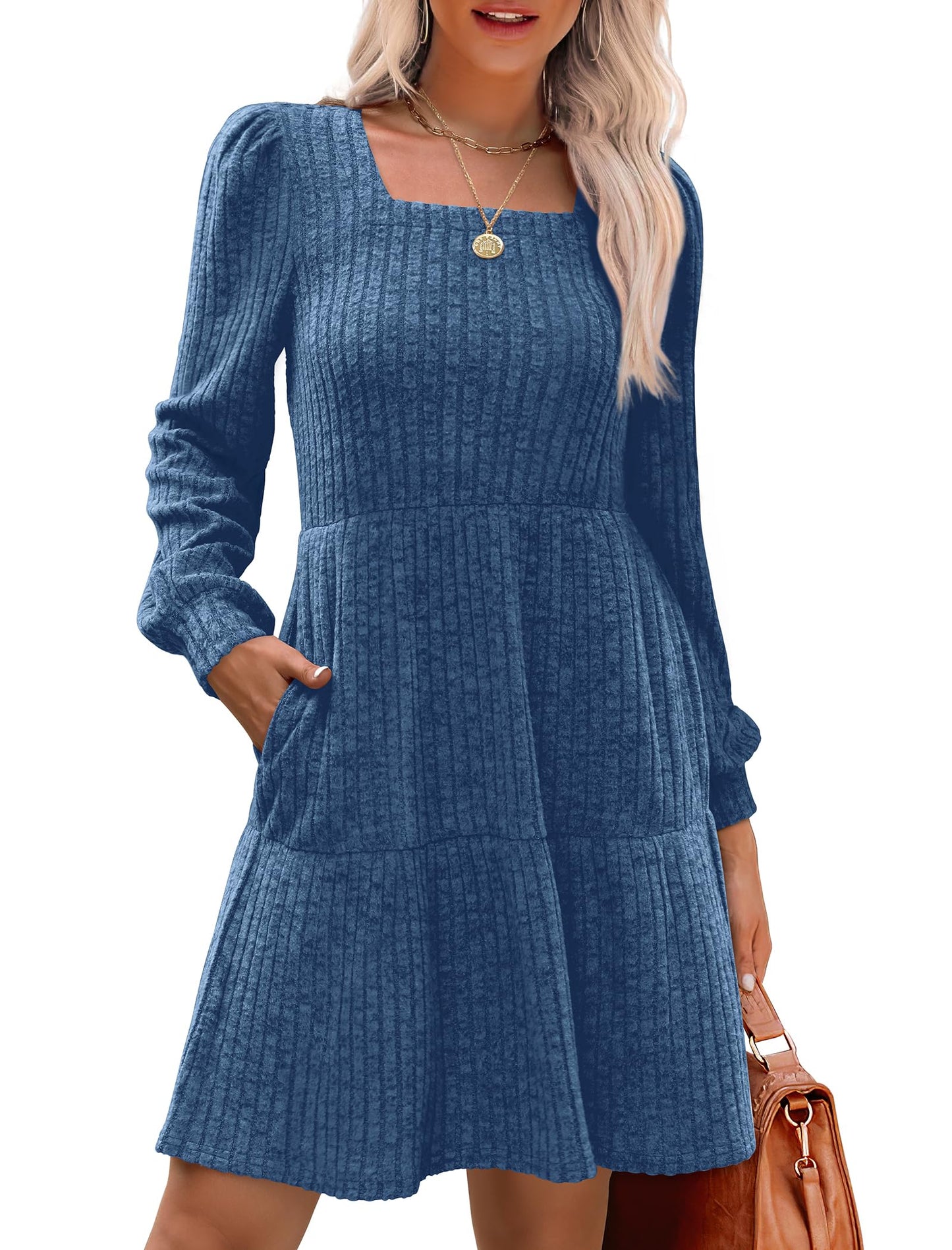 🍂Was soll ich morgen anziehen?⏰Women's Square Neck Lantern Sleeve Ribbed Dress|Glow in Autumnal Elegance!🍁