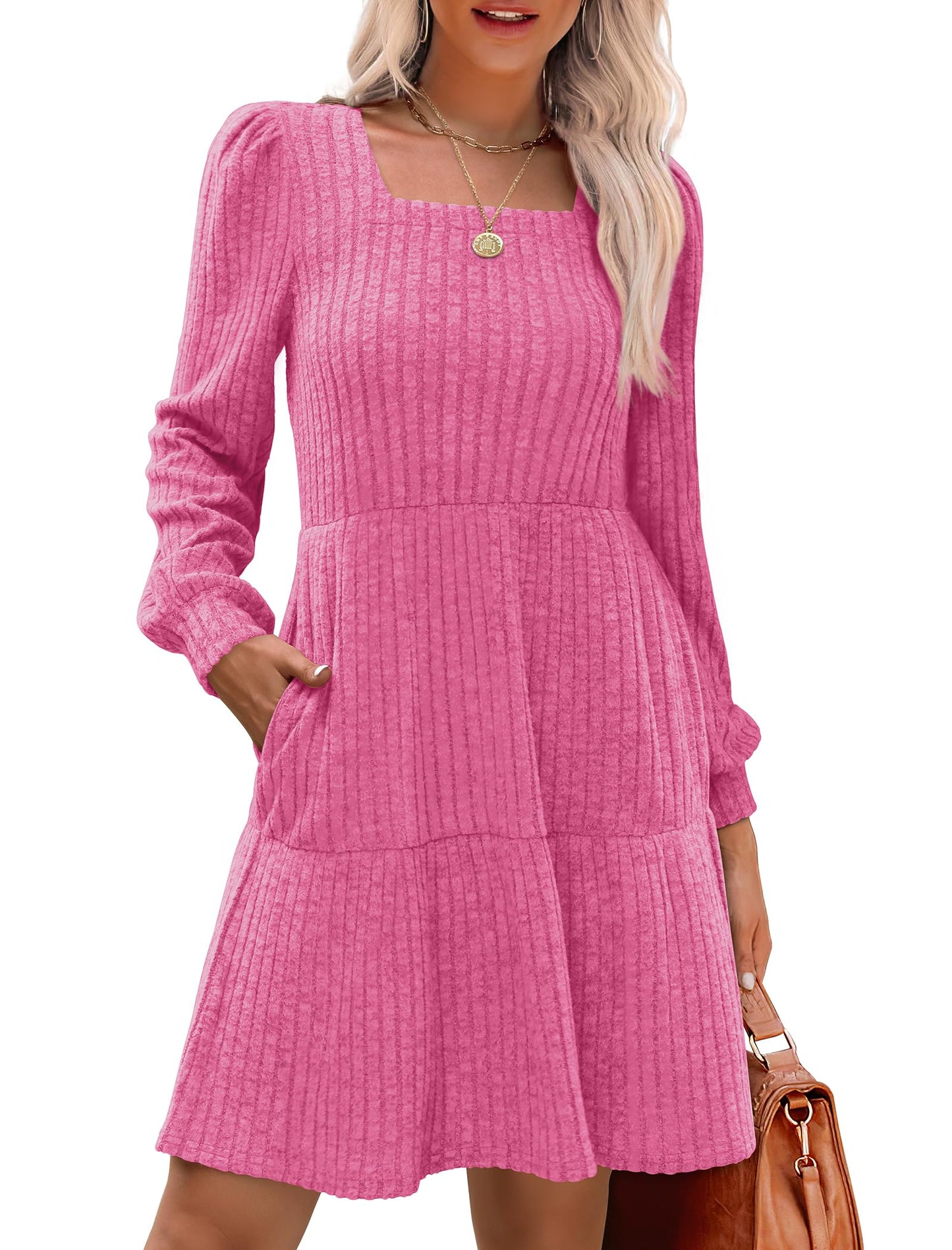 🍂Was soll ich morgen anziehen?⏰Women's Square Neck Lantern Sleeve Ribbed Dress|Glow in Autumnal Elegance!🍁