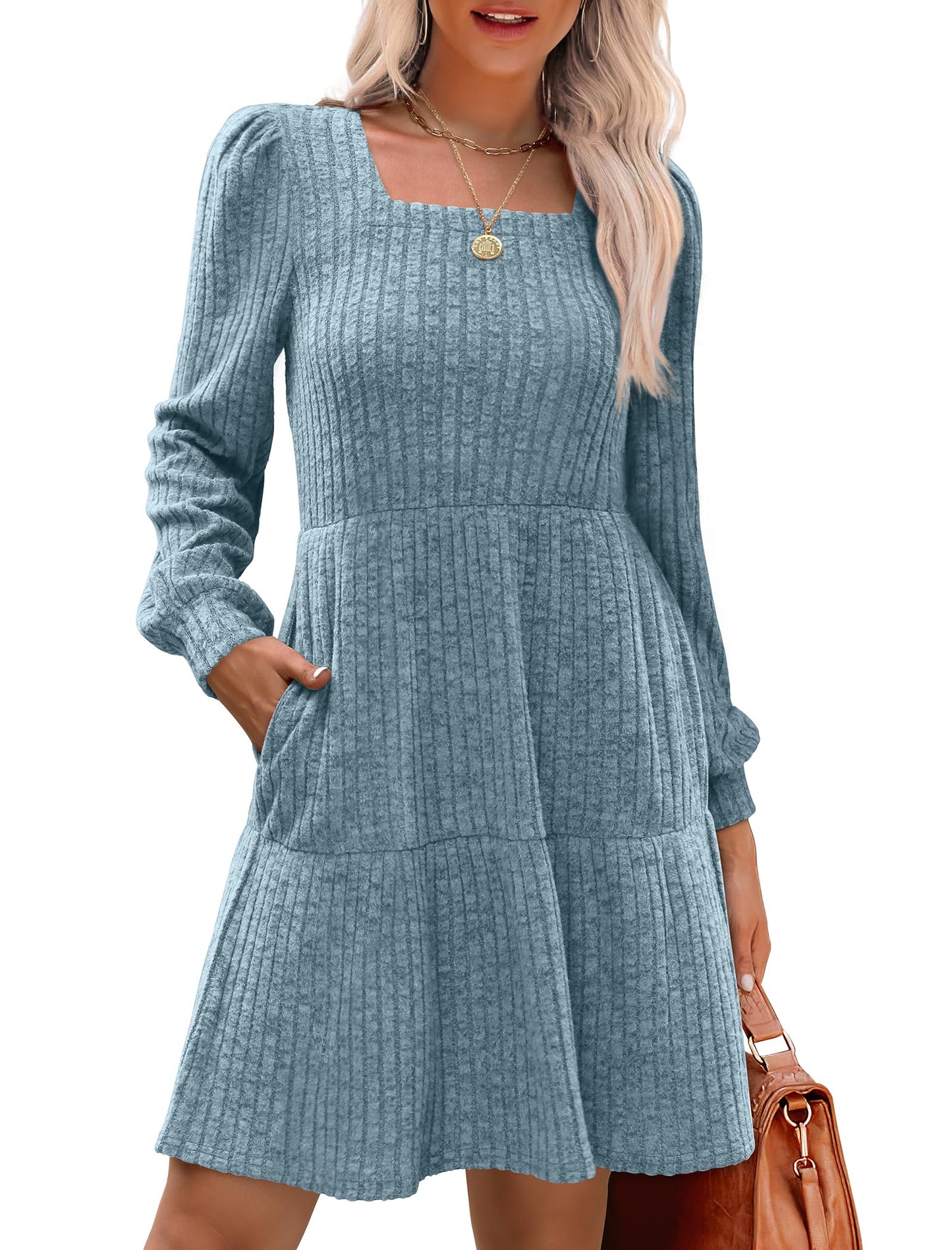 🍂Was soll ich morgen anziehen?⏰Women's Square Neck Lantern Sleeve Ribbed Dress|Glow in Autumnal Elegance!🍁