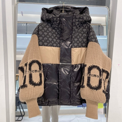 🍂 Frühherbst-Sonderaktion mit 50 % Rabatt！💖Damen Steppjacke mit Kapuze, Strickärmeln und Patchwork-Design