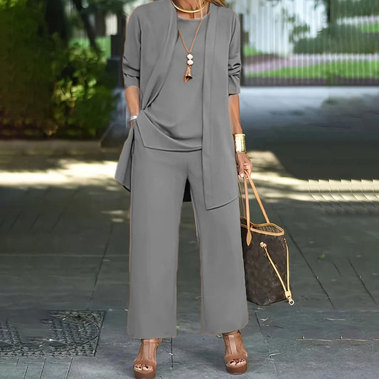 Kostenloser Versand ⏰ Nur noch heute 50% Rabatt! ✨🔥 Damen elegantes 3-teiliges Outfit-Set | Locker geschnittene lange Weste, Basic Top & Wide-Leg Hose für Büro, Treffen und Alltag 💞