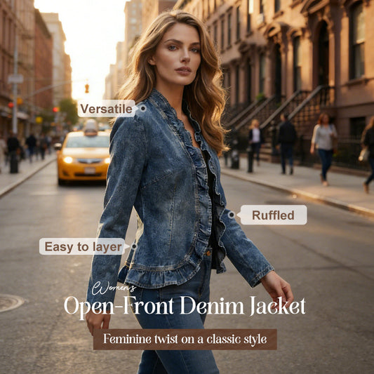 🧥Neuwaren 50% Rabatt✨ Damen-Jeansjacke – Rüschenbesatz, Offenes Vorderteil, Leicht, Vielseitig ✨