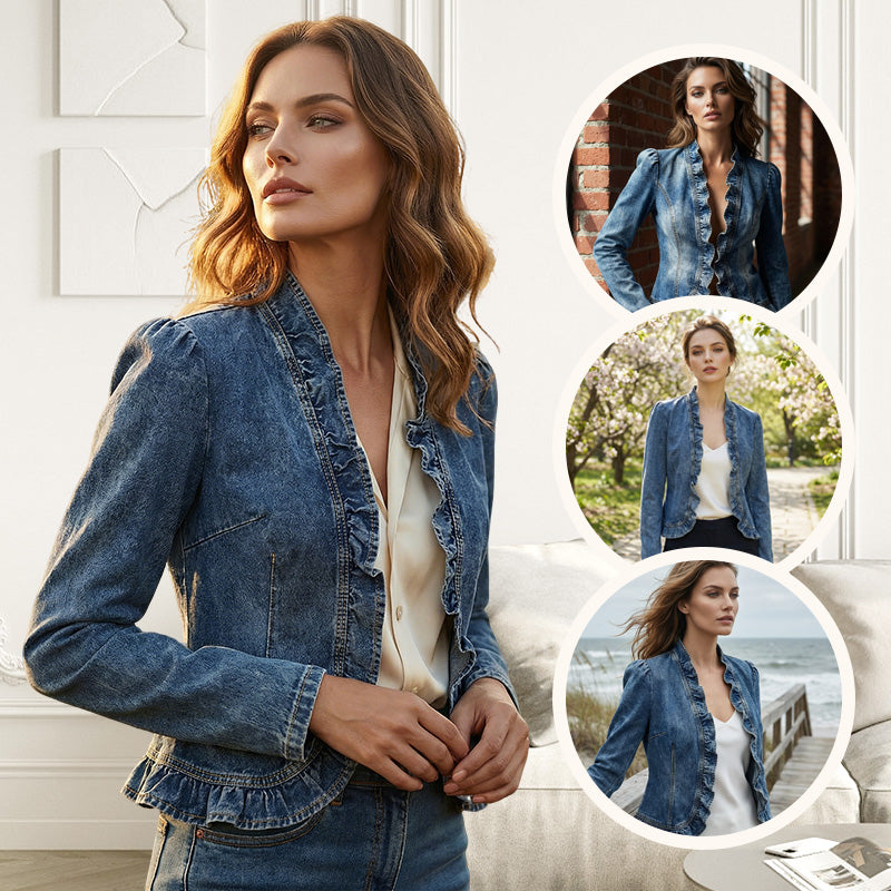 🧥Neuwaren 50% Rabatt✨ Damen-Jeansjacke – Rüschenbesatz, Offenes Vorderteil, Leicht, Vielseitig ✨