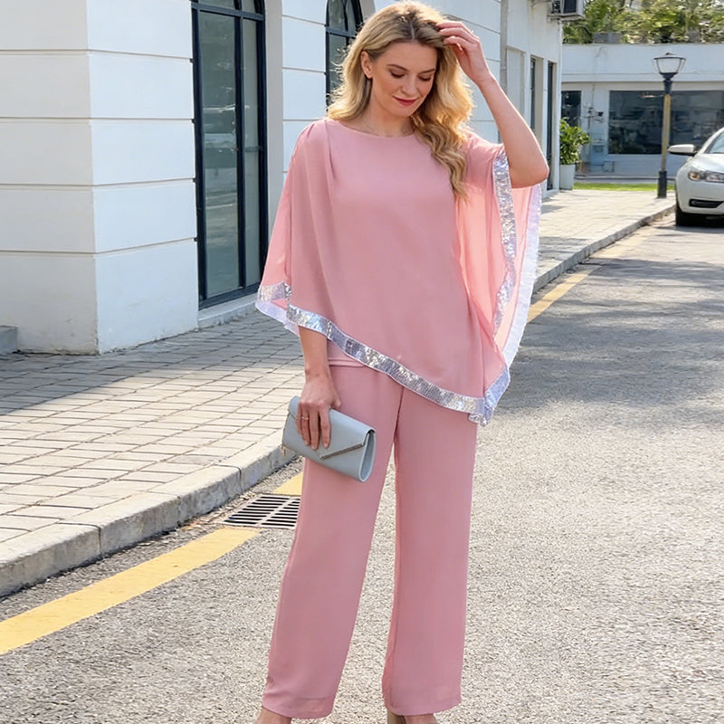 Set aus elegantem Poncho-Oberteil mit Paillettenbesatz und weit geschnittener Hose