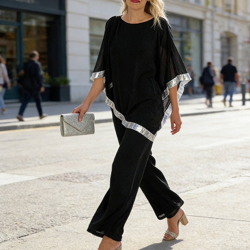 Set aus elegantem Poncho-Oberteil mit Paillettenbesatz und weit geschnittener Hose