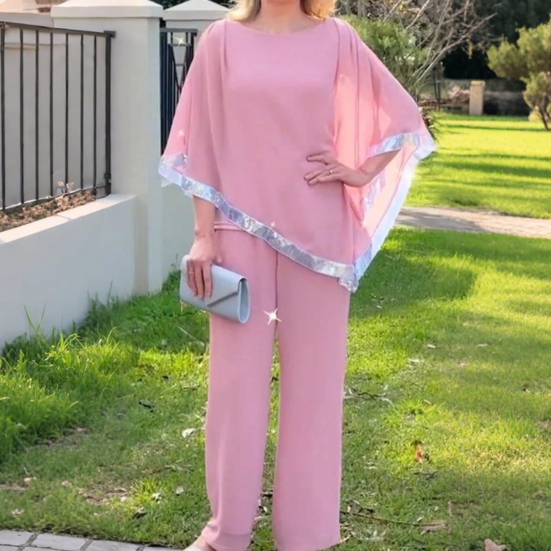 Set aus elegantem Poncho-Oberteil mit Paillettenbesatz und weit geschnittener Hose