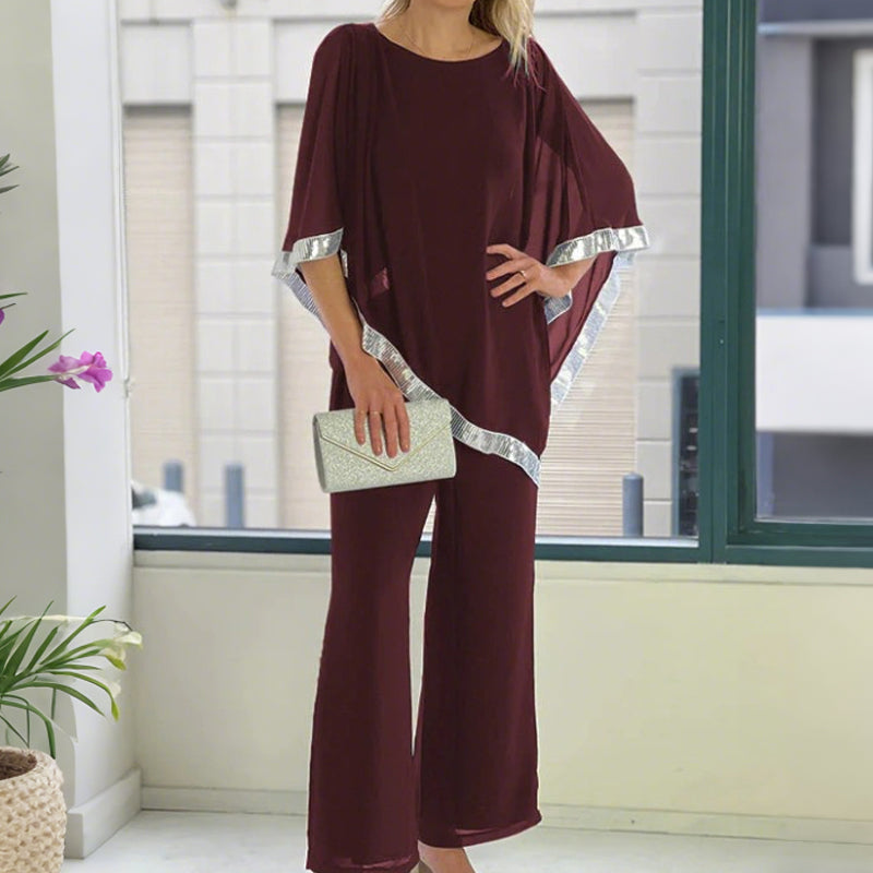 Set aus elegantem Poncho-Oberteil mit Paillettenbesatz und weit geschnittener Hose
