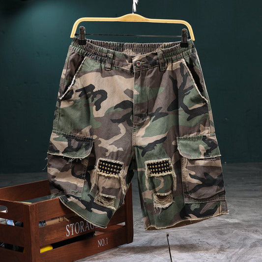 🎉 Vintage Camo Shorts mit Nieten – Elastischer Bund & praktische Taschen!