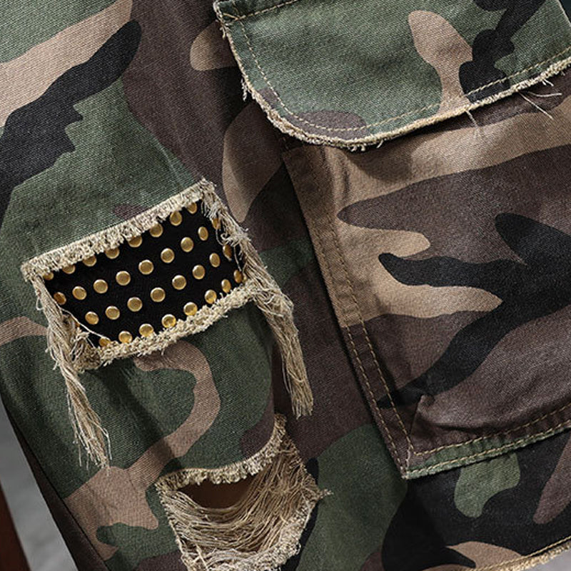 🎉 Vintage Camo Shorts mit Nieten – Elastischer Bund & praktische Taschen!