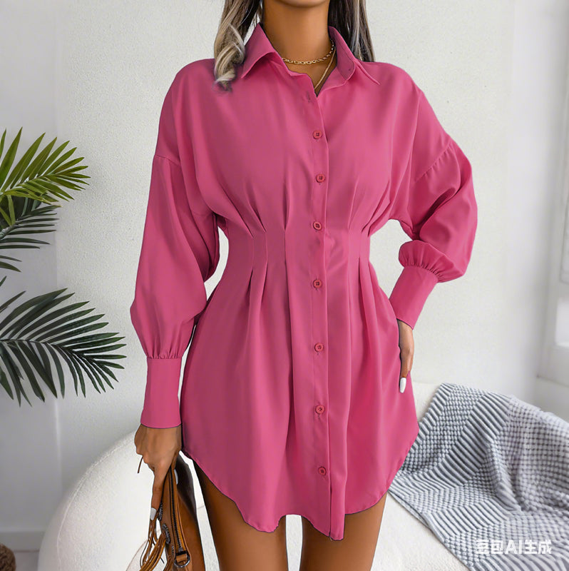 🔥Frühlingsausverkauf: 45 % Rabatt⏰Hemdblusenkleid mit Taillenraffung und langen Ärmeln