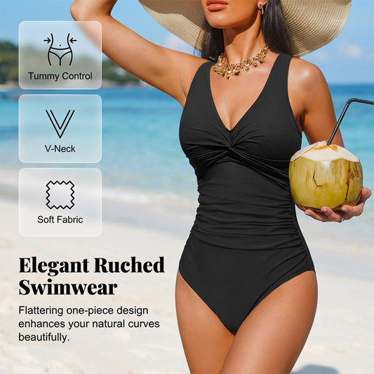 🔥 Letzter Tag! 50% Rabatt Damen Einteiler Badeanzug mit Bauchweg-Effekt ✨ Elegant geraffter Badeanzug mit V-Ausschnitt für Strand & Pool