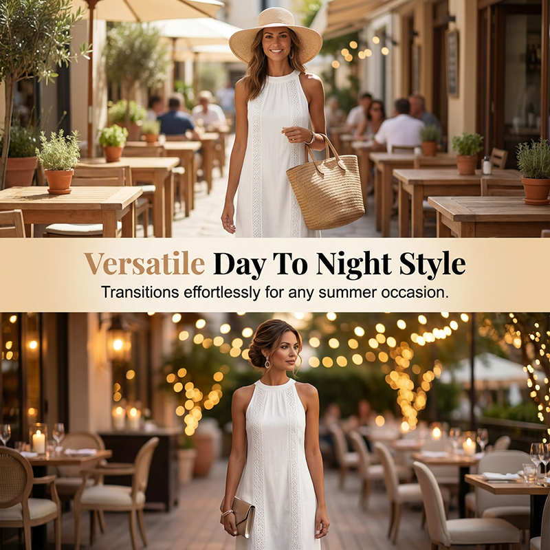 👗 50 % RABATT AKTUELL! ✨ Lässiges Leinen-Optik Kleid – Trägerlos mit Spitze, Seitenschlitze, elegant für Stadt & Café 🌿