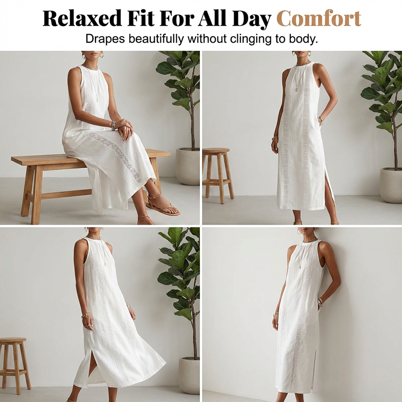 👗 50 % RABATT AKTUELL! ✨ Lässiges Leinen-Optik Kleid – Trägerlos mit Spitze, Seitenschlitze, elegant für Stadt & Café 🌿