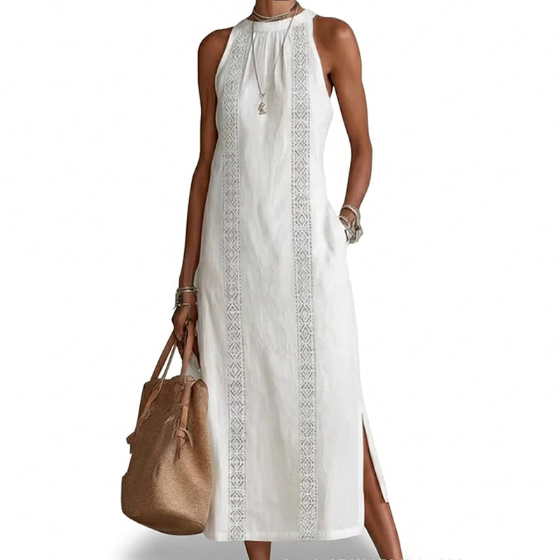 👗 50 % RABATT AKTUELL! ✨ Lässiges Leinen-Optik Kleid – Trägerlos mit Spitze, Seitenschlitze, elegant für Stadt & Café 🌿