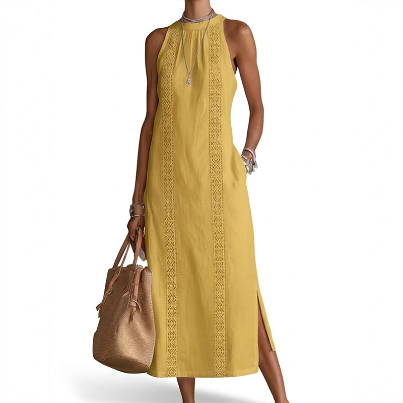 👗 50 % RABATT AKTUELL! ✨ Lässiges Leinen-Optik Kleid – Trägerlos mit Spitze, Seitenschlitze, elegant für Stadt & Café 🌿