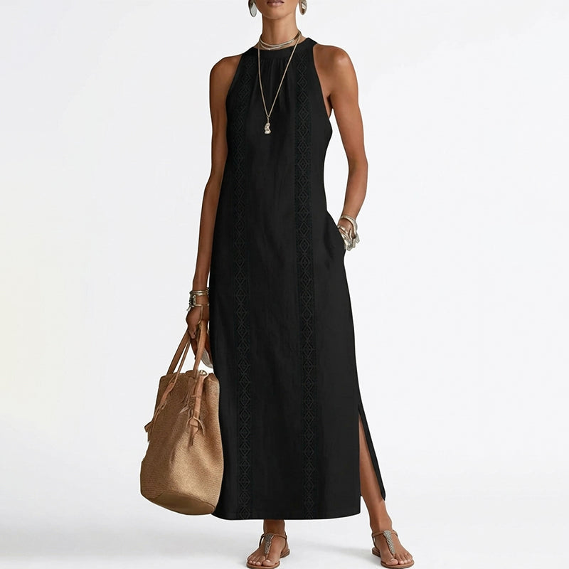 👗 50 % RABATT AKTUELL! ✨ Lässiges Leinen-Optik Kleid – Trägerlos mit Spitze, Seitenschlitze, elegant für Stadt & Café 🌿