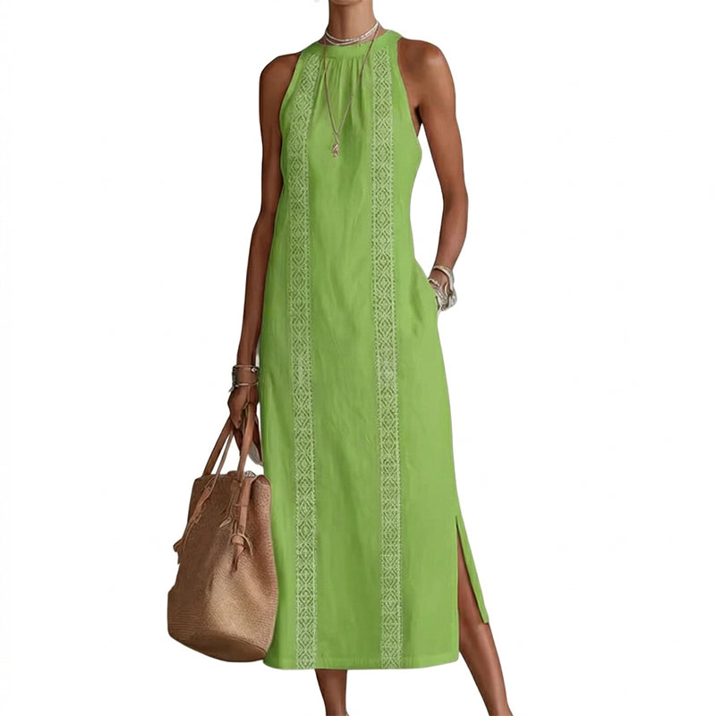 👗 50 % RABATT AKTUELL! ✨ Lässiges Leinen-Optik Kleid – Trägerlos mit Spitze, Seitenschlitze, elegant für Stadt & Café 🌿